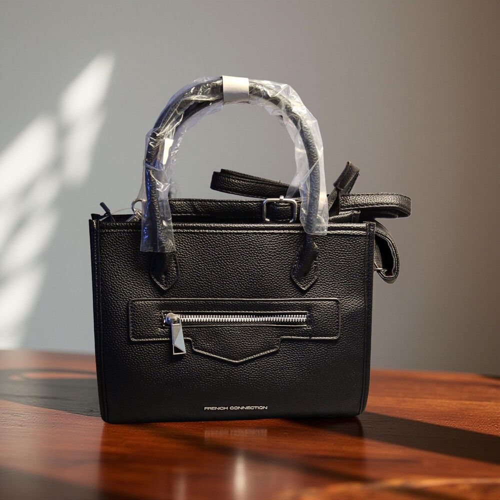 NEW French Connection Black Vegan Leather Fritz Square Satchel Handbag Purse